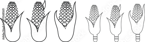 Corn icon set. Cob vector. Maize logo. Starch symbol. Vegetable emblem. Agriculture harvest silhouette isolated. Various stages being husked or with partially removed. some show kernels fully exposed