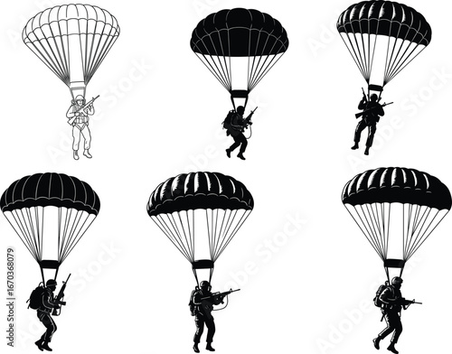 Military paratrooper soldiers vector set with parachutes, combat silhouettes, army airborne troops, tactical war aviation illustrations