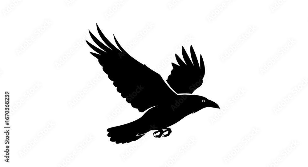 Fototapeta premium Black silhouette icon of a raven flying with a curved wing.