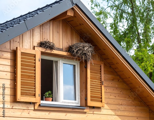 Wooden house window with bird's nests