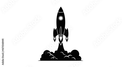 Black silhouette icon of a rocket blasting off.