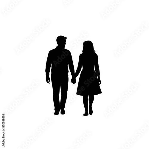 Black silhouette icon of a romantic couple walking side by side.