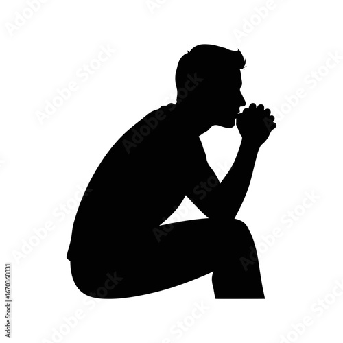 Black silhouette icon of a man sitting with hands clasped.