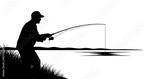 Black silhouette icon of a person reeling in a catch.