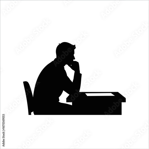 Black silhouette icon of a man at a desk staring at a page.