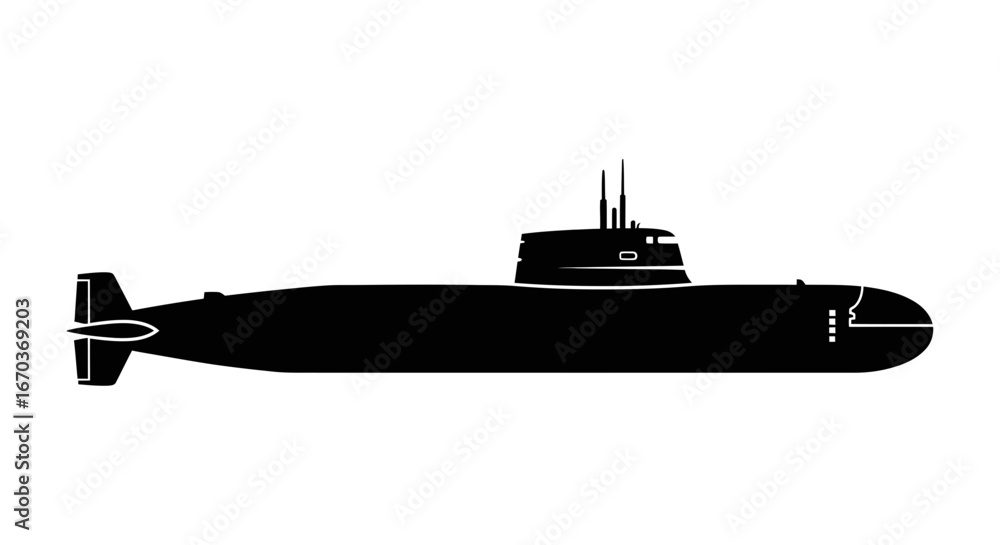 Fototapeta premium Black Silhouette Icon A silhouette of a nuclear submarine cruising underwater with stabilizer fins