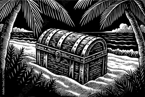 Old wooden pirate chest on tropical beach, waves crashing nearby, overflowing with gold and diamonds, black and white sketch.
