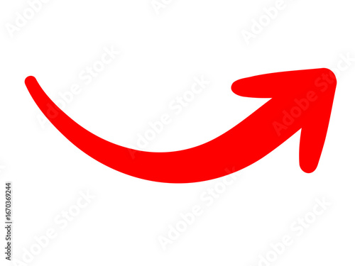 手描きのスムーズな赤いペンの矢印。抑揚のあるダイナミックなシルエット。ベクター。背景透過。カーブ。
