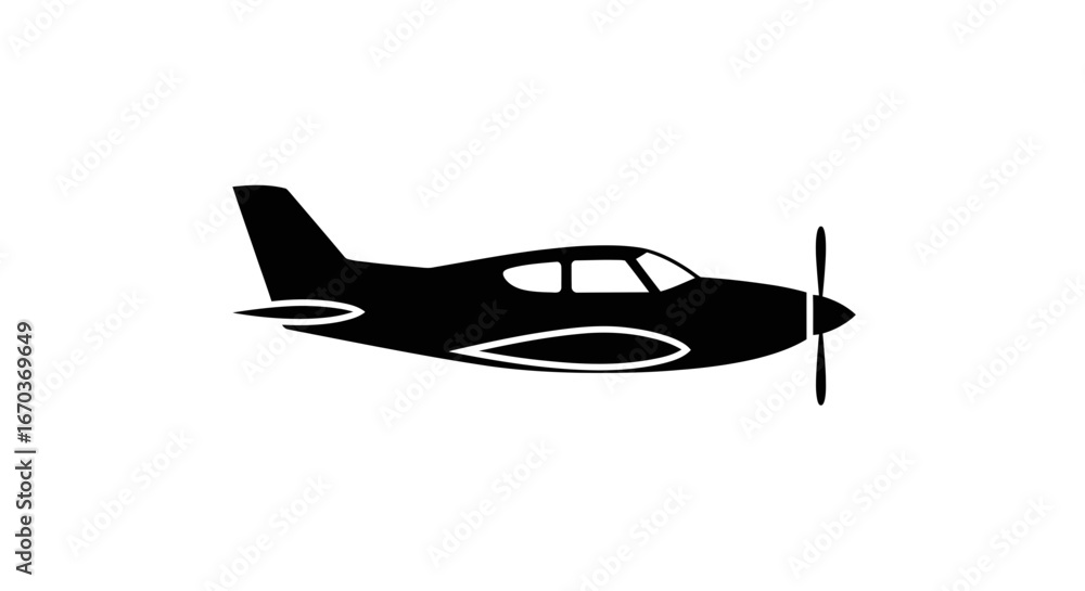 Obraz premium Black silhouette icon of a small propeller plane.