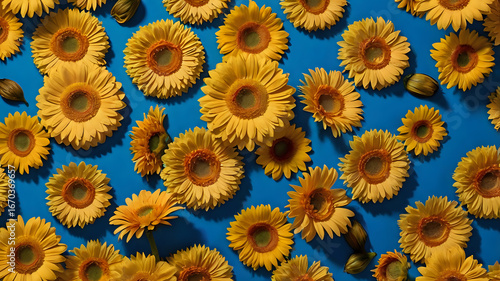 Vibrant yellow sunflowers in circular arrangement against blue