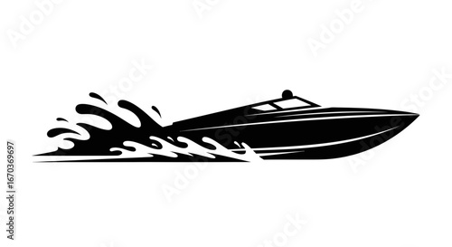 Black silhouette icon of a speedboat with splashes.