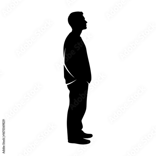 Black silhouette icon of a man standing with hands in pockets.