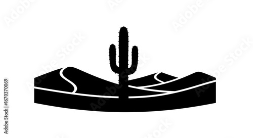 Black Silhouette Icon A stylized desert scene with a single cactus and distant sand dunes