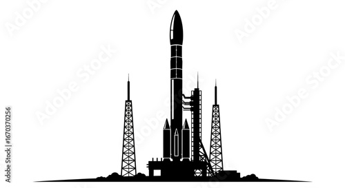 Black Silhouette Icon A tall rocket on the launchpad moments before takeoff, with support towers beside it