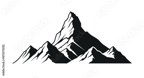 Black Silhouette Icon A tall, jagged mountain peak rising above a clustered range
