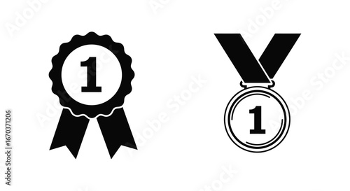 First place award symbols with ribbons and medals for recognition
