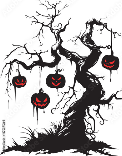 Halloween tree vector with spooky pumpkins scary illustration autumn holiday silhouette creepy design