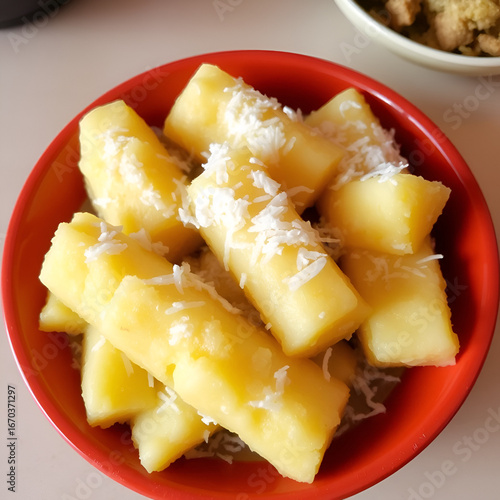 Getuk telo is a traditional food from Central Java, Indonesia. Getuk made from mashed cassava and covered with grated coconut.