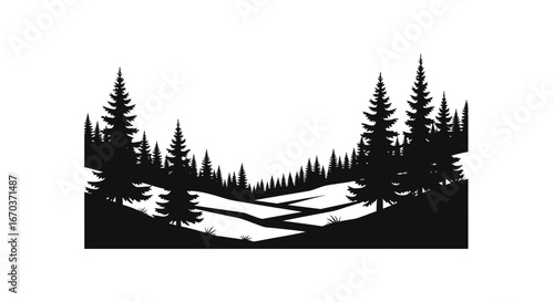 Black Silhouette Icon A wilderness forest landscape with uneven terrain and tall conifers
