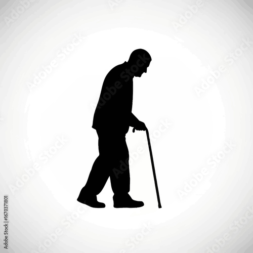 Black Silhouette Icon An elderly man walking slowly with a cane in one hand