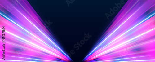 A high-speed light trail winds through a tunnel of blue and magenta hues. The long exposure captures motion, depth, and acceleration. The futuristic glow suggests a digital journey.