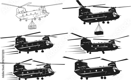 Military transport helicopter vector set with Chinook cargo airlift, flight movement, and aviation silhouette illustrations for defense, logistics, and aircraft design concepts