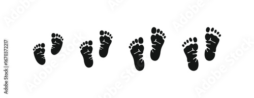 Vector illustration of footprint growth stages from baby to adult, black silhouette foot prints, family generation footstep design, evolution of human life, baby feet to old age track