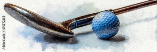 Vintage Golf: Antique Club and Blue Ball, Artistic Watercolor Style
