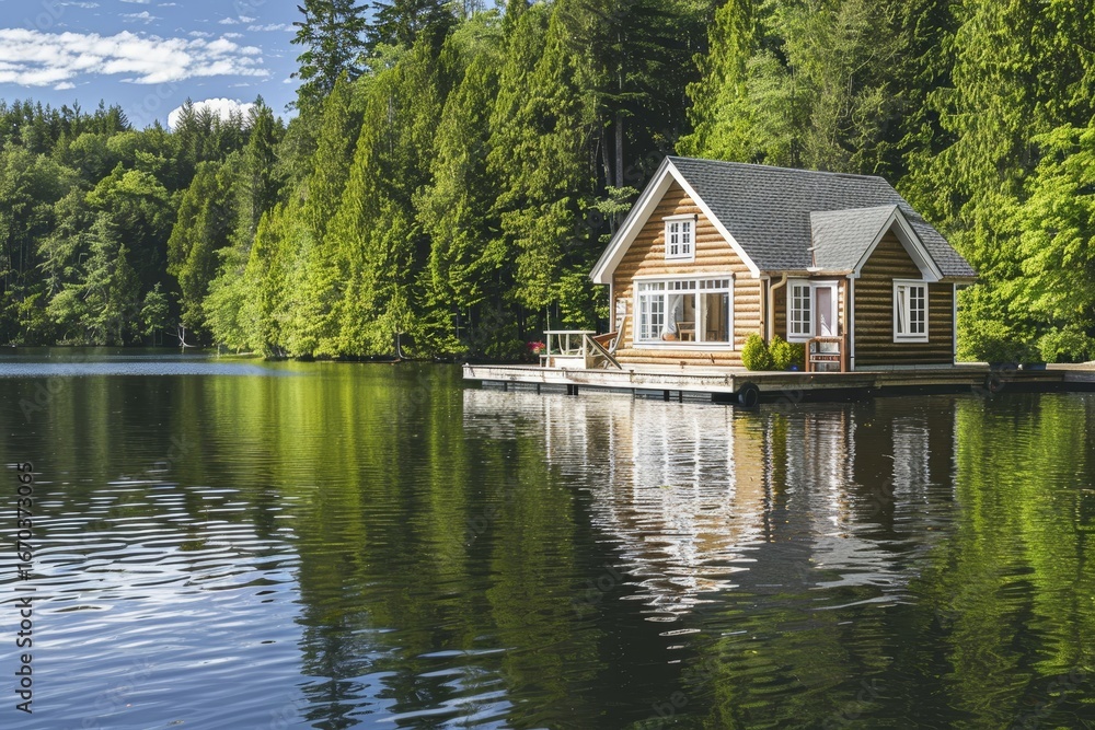 Fototapeta premium Charming log cabin getaway by a peaceful lake surrounded by vibrant forest and clear skies
