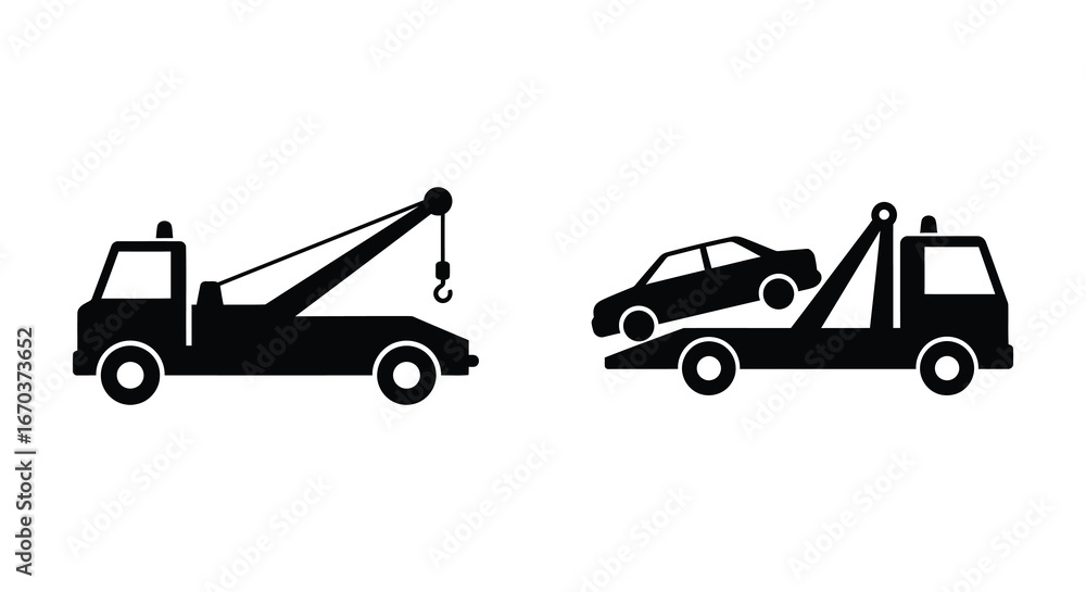 Naklejka premium Tow trucks with and without a car on the back in silhouette