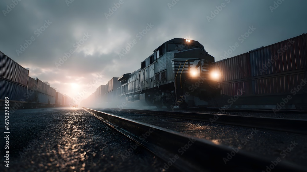 Obraz premium Cargo train entering industrial yard with shipping containers