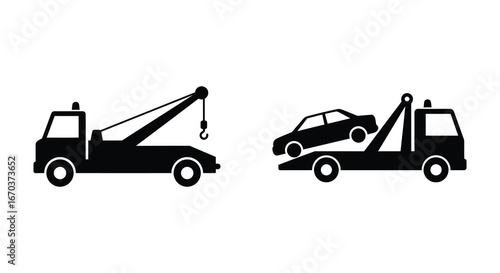 Tow trucks with and without a car on the back in silhouette