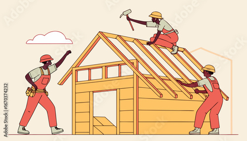 Professional carpenters team making wall and rooftop structure isolated flat vector illustration. Cartoon builders in protective uniform building wooden house. Construction and teamwork concept
