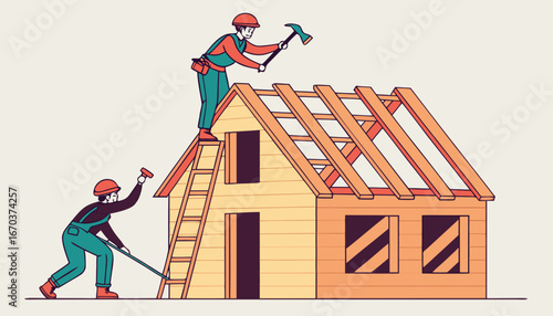 Professional carpenters team making wall and rooftop structure isolated flat vector illustration. Cartoon builders in protective uniform building wooden house. Construction and teamwork concept