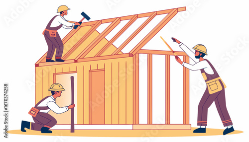 Professional carpenters team making wall and rooftop structure isolated flat vector illustration. Cartoon builders in protective uniform building wooden house. Construction and teamwork concept