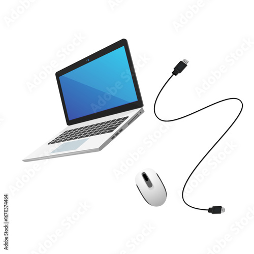 Isolated laptop graphic with wired mouse and USB connector