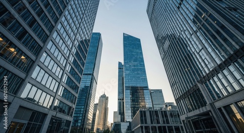 Wallpaper Mural Reflective skyscraper business office buildings, bottom up view of big modern city urban landscape Torontodigital.ca