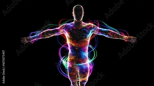 Abstract Human Body Glowing with Colorful Energy Waves on Black Background