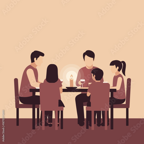 Family gathered around a table with a candle.