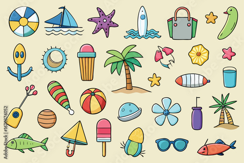 Vector art of assortment of summer beach and travel icons, featuring boats, ice cream, sunglasses, and tropical elements