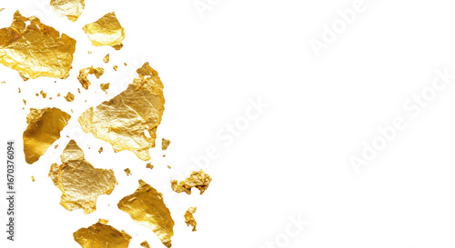 Shimmering metallic gold leaf and fine flakes with varied textures on a transparent background, flat lay composition for luxury advertising concept