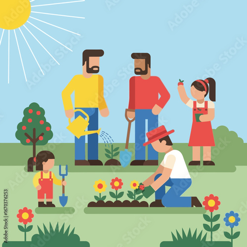 Family gardening together outdoors on a sunny day.