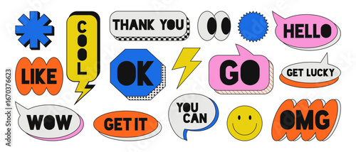 Collection of blank colorful speech bubbles and comic elements in memphis style. Perfect for stickers, posters, t-shirt prints, social media graphics, and creative design projects.