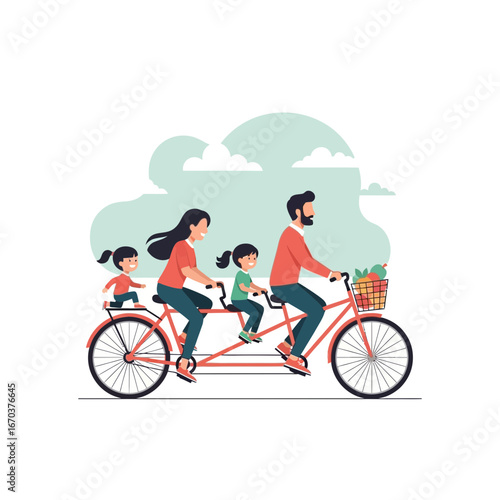 Family riding a tandem bicycle outdoors with a basket.