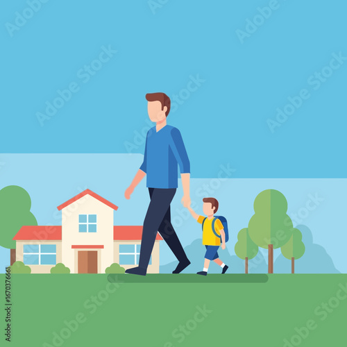 Father and son walk past a house and trees.