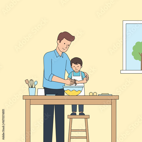 Father and son cooking together in a bright kitchen.