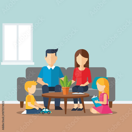 Family sitting in a living room on a sofa and floor.