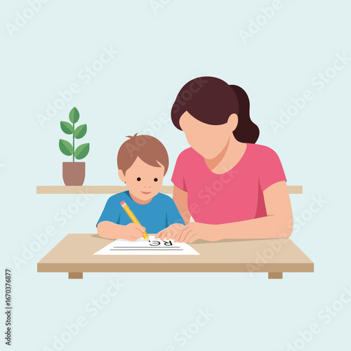 Woman helps child with drawing at a desk.