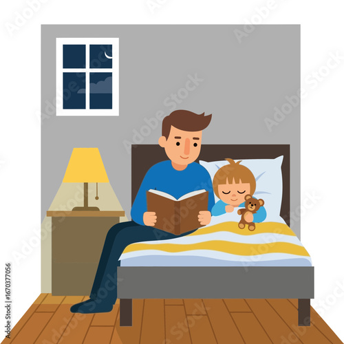 Father reading a bedtime story to his child in a bedroom.