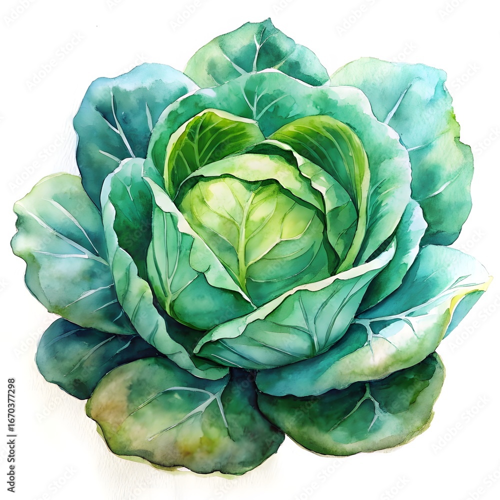 Obraz premium Vibrant watercolor painting of a fresh green cabbage